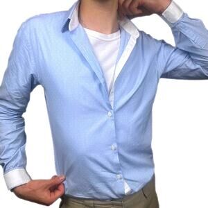 Zara Baby Blue & White Button-Up [Size S] Slim Fit w/ Poka Dot Texture